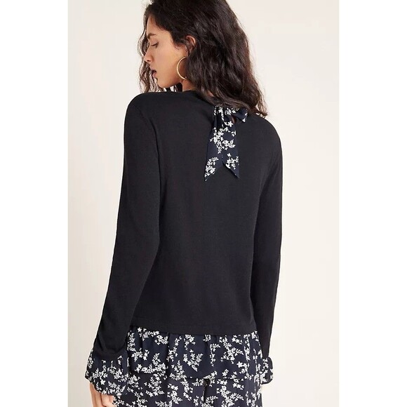 Kachel x Anthropologie Waverly Pullover Top Size 6 Black Floral Trim Bell Sleeve - Picture 2 of 13